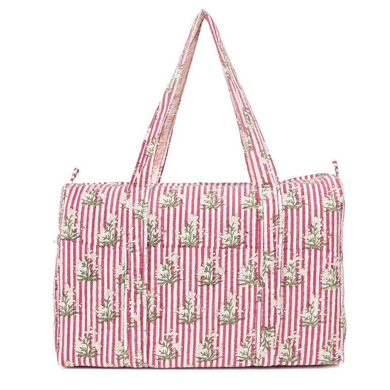 PINK STRIPE BUTTA HAND BLOCK PRINTED QUILTED TRAVEL DUFFLE BAG BIG