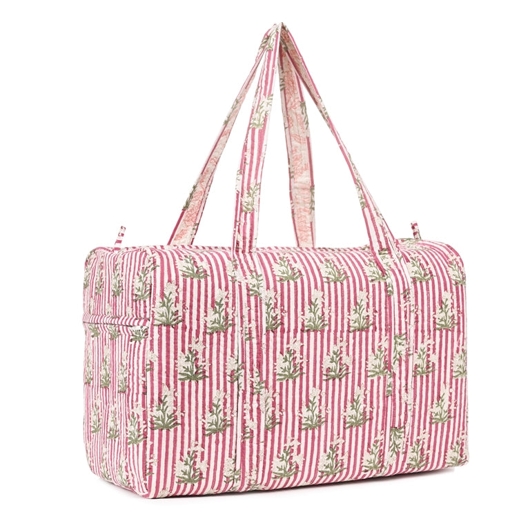 PINK STRIPE BUTTA HAND BLOCK PRINTED QUILTED TRAVEL DUFFLE BAG BIG
