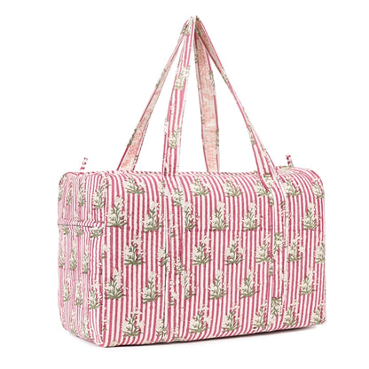 PINK STRIPE BUTTA HAND BLOCK PRINTED QUILTED TRAVEL DUFFLE BAG BIG