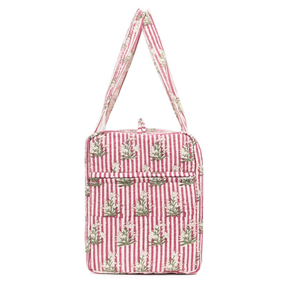 PINK STRIPE BUTTA HAND BLOCK PRINTED QUILTED TRAVEL DUFFLE BAG BIG