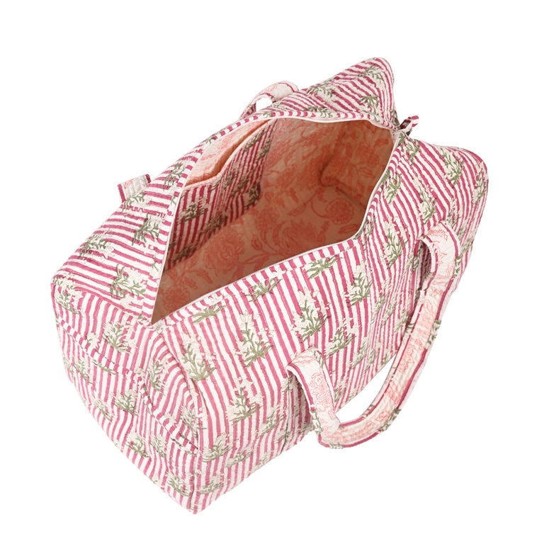 PINK STRIPE BUTTA HAND BLOCK PRINTED QUILTED TRAVEL DUFFLE BAG BIG
