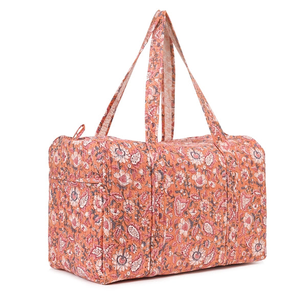 NARGIS HAND BLOCK PRINTED QUILTED TRAVEL DUFFLE BAG BIG