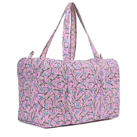 LAVENDER HAND BLOCK PRINTED QUILTED TRAVEL DUFFLE BAG BIG