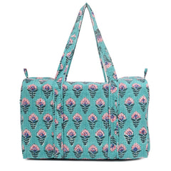 SNAKE CHARM GREEN HAND BLOCK PRINTED QUILTED TRAVEL DUFFLE BAG BIG
