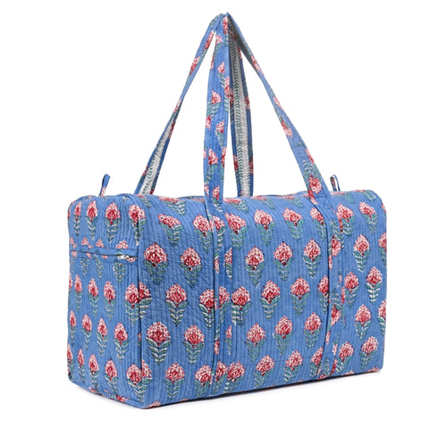 SNAKE CHARM BLUE HAND BLOCK PRINTED QUILTED TRAVEL DUFFLE BAG BIG