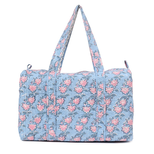 FLOATING WATER LILY IN OCEAN HAND BLOCK PRINTED QUILTED TRAVEL DUFFLE BAG BIG