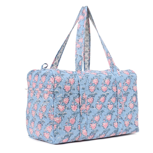 FLOATING WATER LILY IN OCEAN HAND BLOCK PRINTED QUILTED TRAVEL DUFFLE BAG BIG