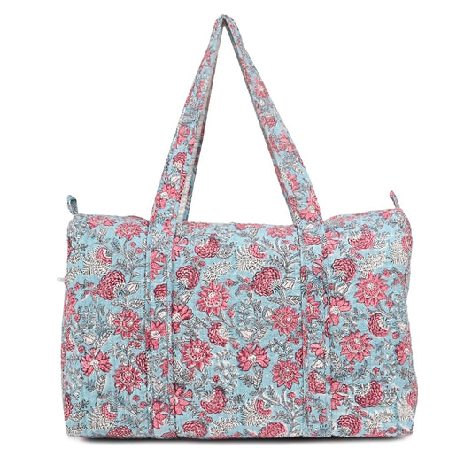 CATHARANTHUS HAND BLOCK PRINTED QUILTED TRAVEL DUFFLE BAG BIG