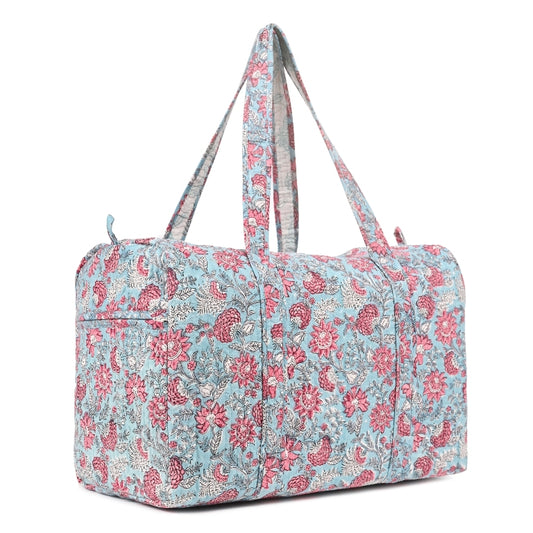 CATHARANTHUS HAND BLOCK PRINTED QUILTED TRAVEL DUFFLE BAG BIG
