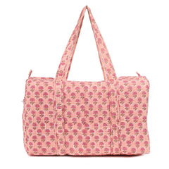 PINK GUL BUTTI  HAND BLOCK PRINTED QUILTED TRAVEL DUFFLE BAG BIG