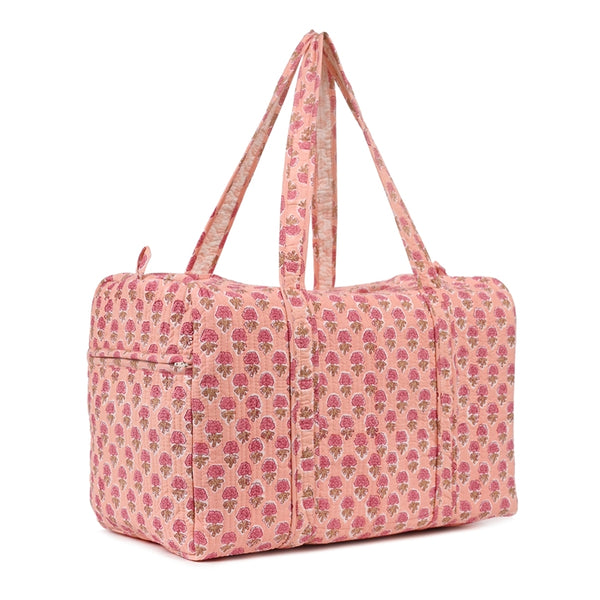 PINK GUL BUTTI  HAND BLOCK PRINTED QUILTED TRAVEL DUFFLE BAG BIG