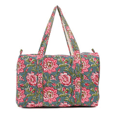 THAI SUNFLOWER HAND BLOCK PRINTED QUILTED TRAVEL DUFFLE BAG BIG