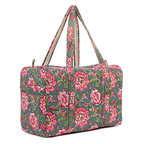 THAI SUNFLOWER HAND BLOCK PRINTED QUILTED TRAVEL DUFFLE BAG BIG