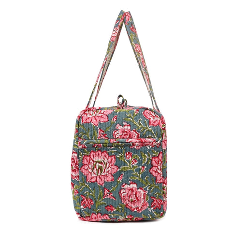 THAI SUNFLOWER HAND BLOCK PRINTED QUILTED TRAVEL DUFFLE BAG BIG