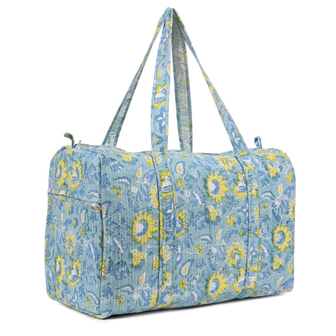 YELLOW ALGAE HAND BLOCK PRINTED QUILTED TRAVEL DUFFLE BAG BIG