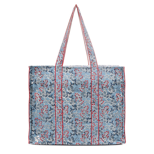 BLUEBERRY BLOOM HAND BLOCK COTTON PRINTED QUILTED TOTE BAG