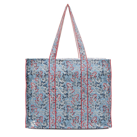 BLUEBERRY BLOOM HAND BLOCK COTTON PRINTED QUILTED TOTE BAG