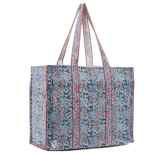 BLUEBERRY BLOOM HAND BLOCK COTTON PRINTED QUILTED TOTE BAG