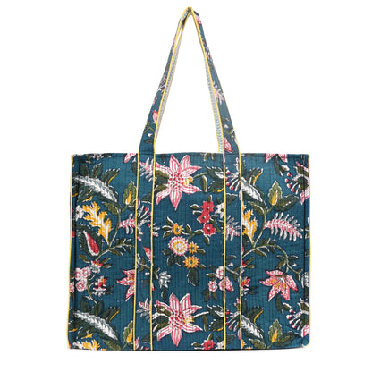 NOCTURNE BLOOM HAND BLOCK COTTON PRINTED QUILTED TOTE BAG