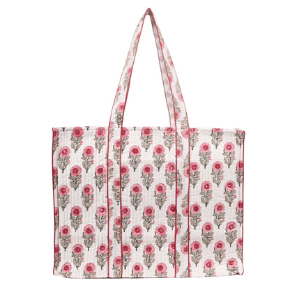 ROSY CHARM HAND BLOCK COTTON PRINTED QUILTED TOTE BAG