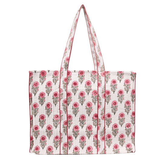 ROSY CHARM HAND BLOCK COTTON PRINTED QUILTED TOTE BAG