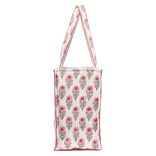 ROSY CHARM HAND BLOCK COTTON PRINTED QUILTED TOTE BAG