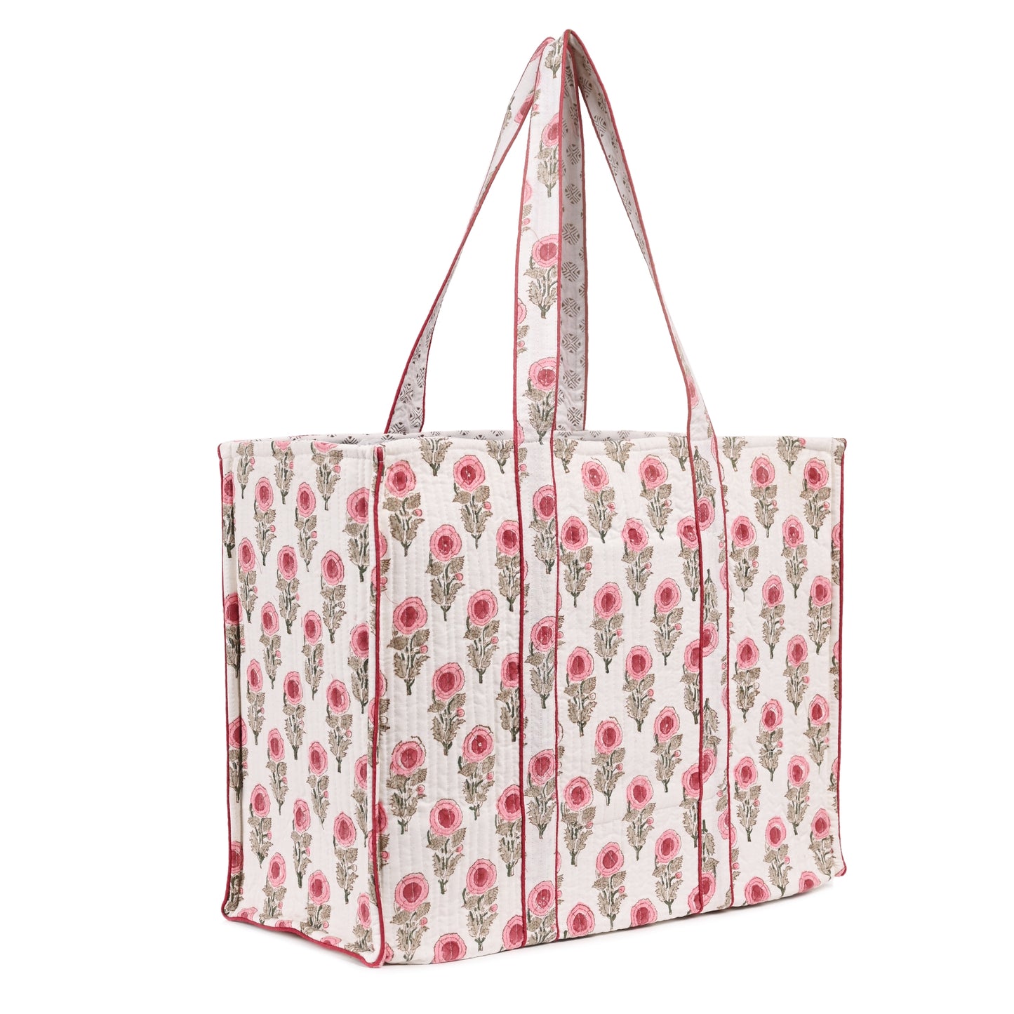 ROSY CHARM HAND BLOCK COTTON PRINTED QUILTED TOTE BAG