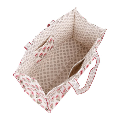 ROSY CHARM HAND BLOCK COTTON PRINTED QUILTED TOTE BAG