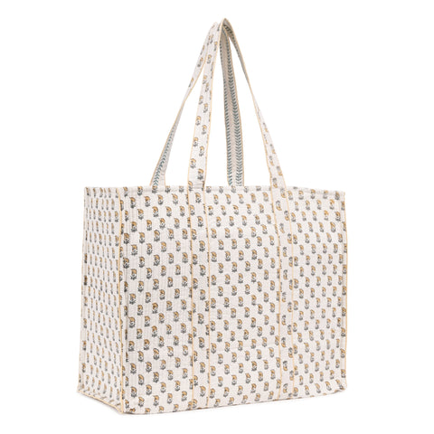 HONEYDEW FLORAL HAND BLOCK COTTON PRINTED QUILTED TOTE BAG