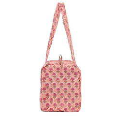 PINK GUL BUTTI HAND BLOCK PRINTED QUILTED TRAVEL DUFFLE BAG SMALL