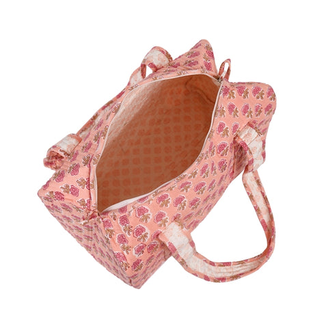 PINK GUL BUTTI HAND BLOCK PRINTED QUILTED TRAVEL DUFFLE BAG SMALL