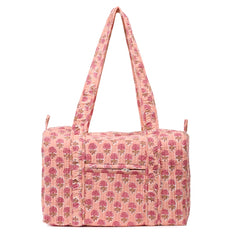 PINK GUL BUTTI HAND BLOCK PRINTED QUILTED TRAVEL DUFFLE BAG SMALL