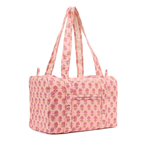 PINK GUL BUTTI HAND BLOCK PRINTED QUILTED TRAVEL DUFFLE BAG SMALL