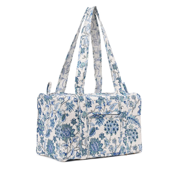 LAMIUM FLOWER HAND BLOCK PRINTED QUILTED TRAVEL DUFFLE BAG SMALL