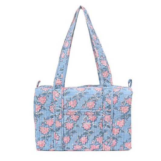 FLOATING WATER LILY IN OCEAN HAND BLOCK PRINTED QUILTED TRAVEL MICRO DUFFLE BAG
