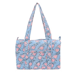 FLOATING WATER LILY IN OCEAN HAND BLOCK PRINTED QUILTED TRAVEL DUFFLE BAG SMALL