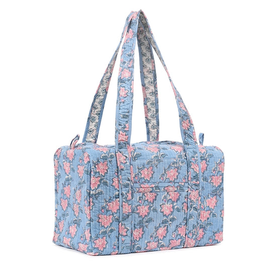 FLOATING WATER LILY IN OCEAN HAND BLOCK PRINTED QUILTED TRAVEL MICRO DUFFLE BAG