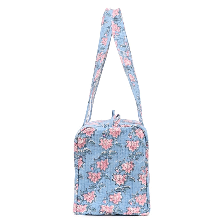 FLOATING WATER LILY IN OCEAN HAND BLOCK PRINTED QUILTED TRAVEL MICRO DUFFLE BAG