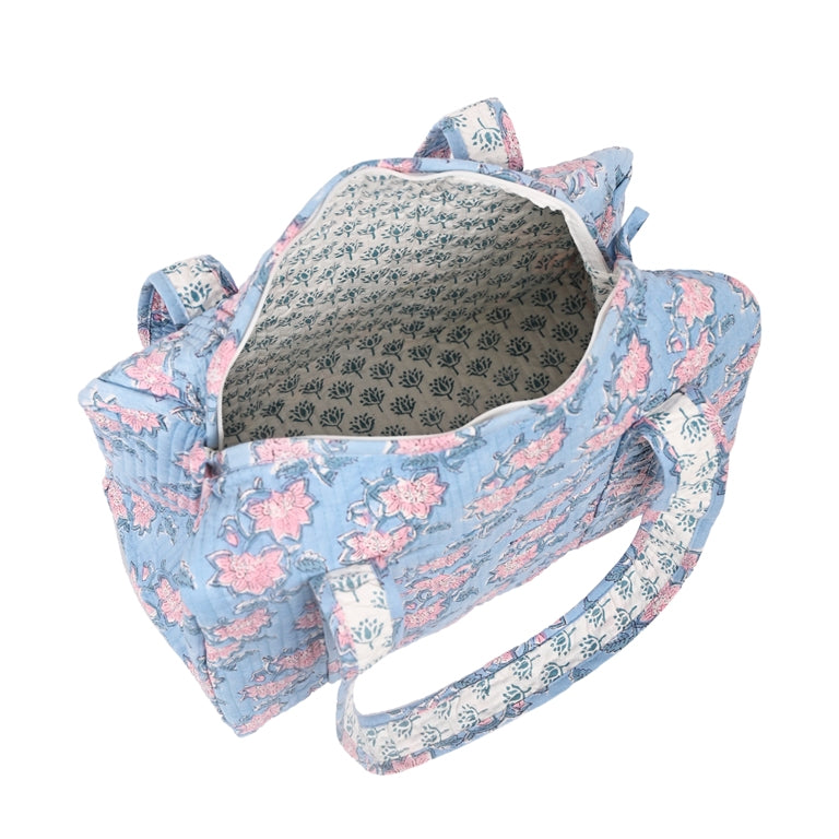 FLOATING WATER LILY IN OCEAN HAND BLOCK PRINTED QUILTED TRAVEL MICRO DUFFLE BAG