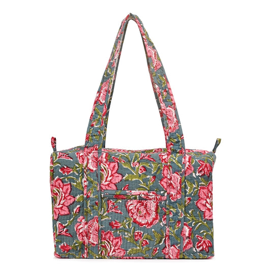 THAI SUNFLOWER HAND BLOCK PRINTED QUILTED TRAVEL DUFFLE BAG SMALL