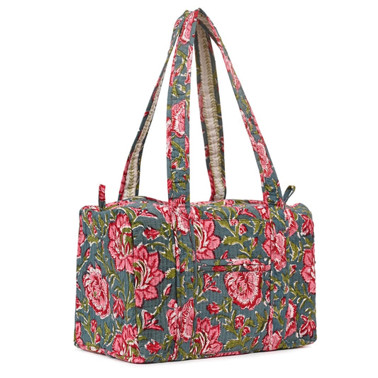 THAI SUNFLOWER HAND BLOCK PRINTED QUILTED TRAVEL DUFFLE BAG SMALL