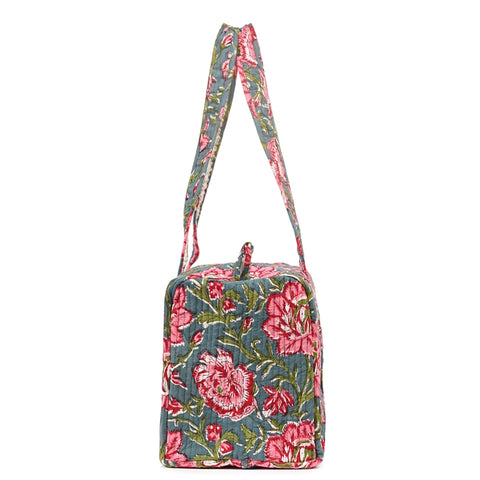 THAI SUNFLOWER HAND BLOCK PRINTED QUILTED TRAVEL DUFFLE BAG SMALL