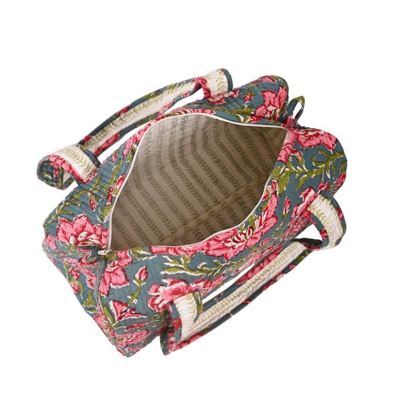 THAI SUNFLOWER HAND BLOCK PRINTED QUILTED TRAVEL DUFFLE BAG SMALL