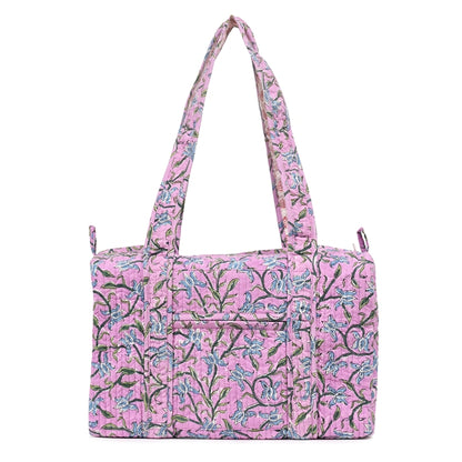 LAVENDER HAND BLOCK PRINTED QUILTED TRAVEL MICRO DUFFLE BAG