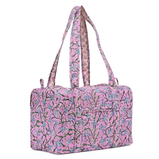 LAVENDER HAND BLOCK PRINTED QUILTED TRAVEL MICRO DUFFLE BAG