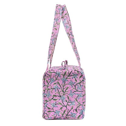 LAVENDER HAND BLOCK PRINTED QUILTED TRAVEL MICRO DUFFLE BAG