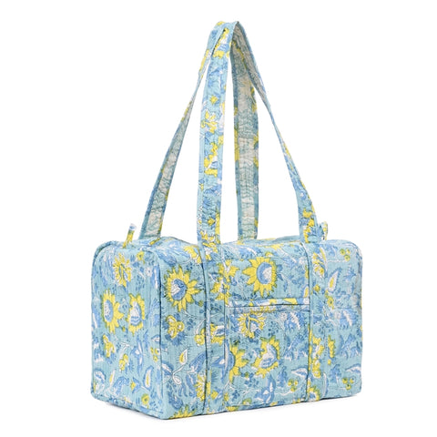 YELLOW ALGAE  HAND BLOCK PRINTED QUILTED TRAVEL DUFFLE BAG SMALL