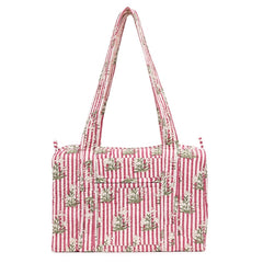 PINK STRIPE BUTTA HAND BLOCK PRINTED QUILTED TRAVEL DUFFLE BAG SMALL