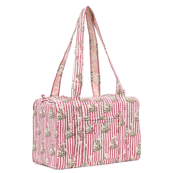 PINK STRIPE BUTTA HAND BLOCK PRINTED QUILTED TRAVEL DUFFLE BAG SMALL