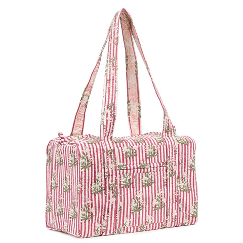 PINK STRIPE BUTTA HAND BLOCK PRINTED QUILTED TRAVEL DUFFLE BAG SMALL